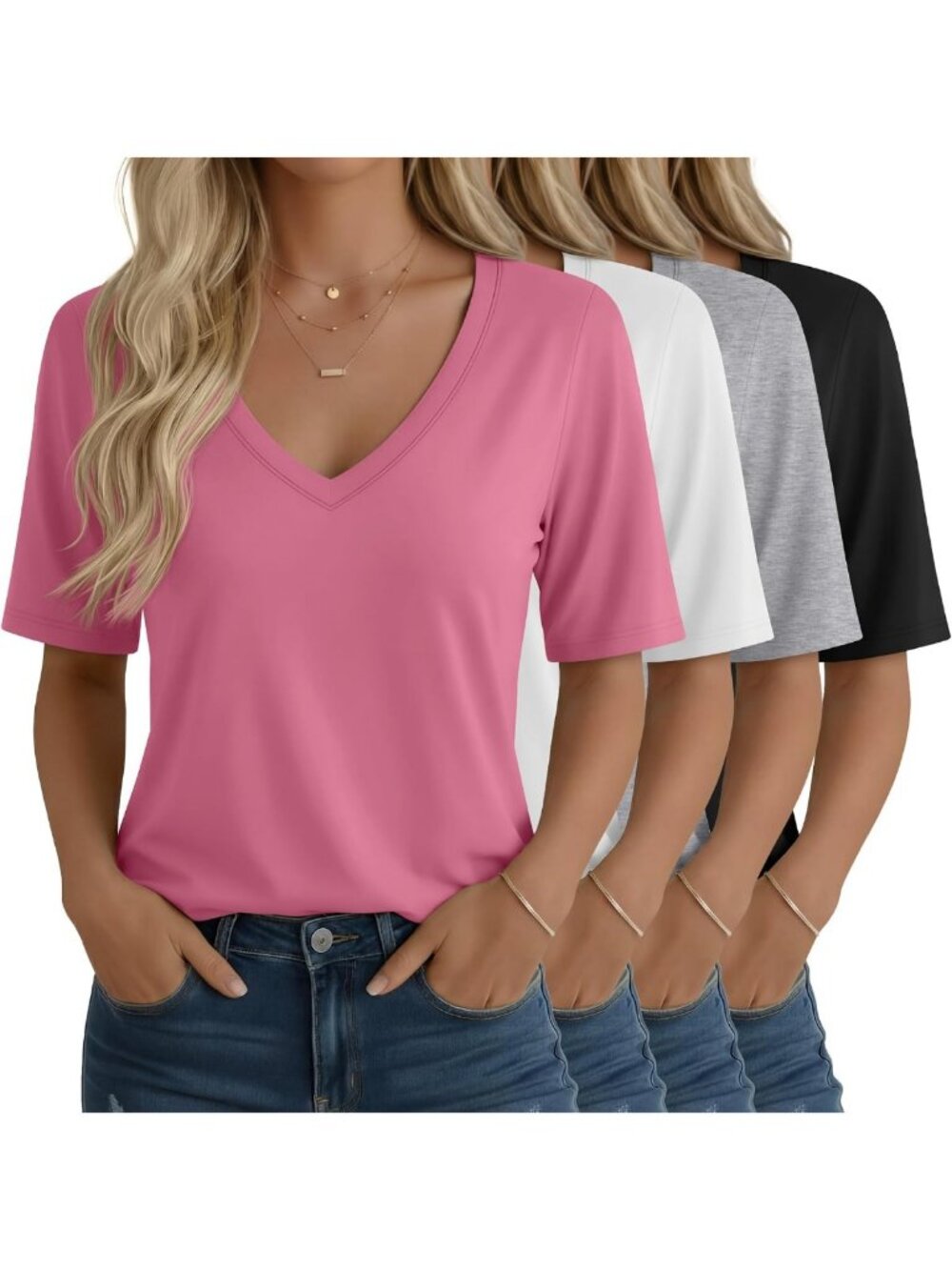 Casual Women's V-Neck Half Sleeve Tops - 4 Pack Stylish T-Shirts for Everyday